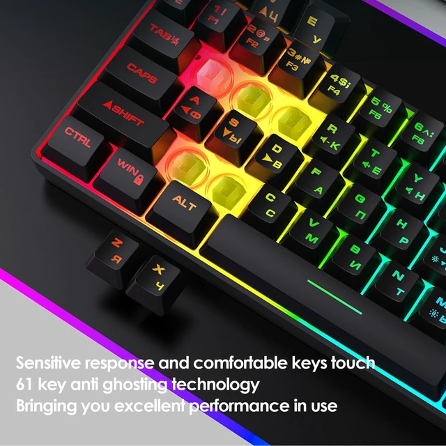 Alt view image 2 of 5 - PUSOKEI 60% Mechanical Gaming Keyboard, 61 Keys Mini USB Wired Keyboard with RGB Backlit, Hot Swappable, Full Keys No Conflict, Russian English Dual Language for PC (Black)