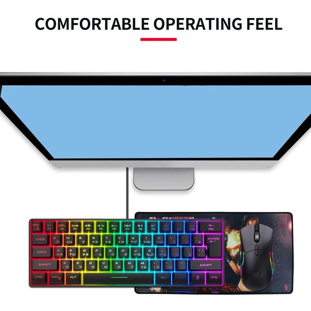 Alt view image 3 of 5 - PUSOKEI 60% Mechanical Gaming Keyboard, 61 Keys Mini USB Wired Keyboard with RGB Backlit, Hot Swappable, Full Keys No Conflict, Russian English Dual Language for PC (Black)