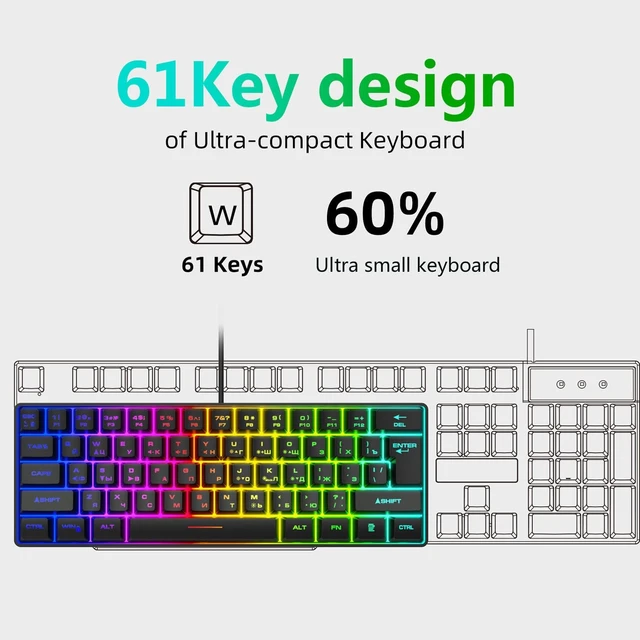 Alt view image 5 of 5 - PUSOKEI 60% Mechanical Gaming Keyboard, 61 Keys Mini USB Wired Keyboard with RGB Backlit, Hot Swappable, Full Keys No Conflict, Russian English Dual Language for PC (Black)