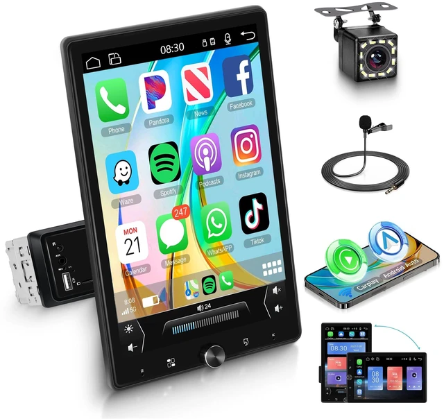 Main image of Orderich Single Din Car Stereo with Wireless A-pple Carplay Android Auto, 10.4" IPS Adjustable Screen Angle Car Radio 1 Din with Backup Camera Car Audio Receiver Mirror Link Bluetooth FM EQ SWC