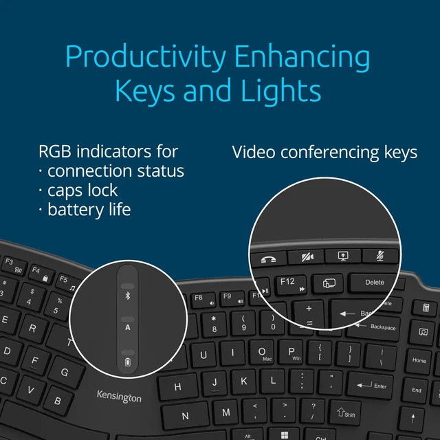 Alt view image 5 of 5 - Kensington Pro Fit Ergo TKL Wireless Keyboard KB675, Ergonomic, Rechargeable, Bluetooth & 2.4GHz Connection, Programmable Keys, Black, K75491US