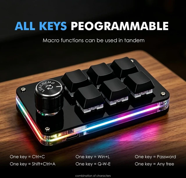 Alt view image 2 of 5 - LUKCOZMO Macro Pad Programmable Customized 6-Key Mini Mechanical Gaming Keyboard One Handed Keyboard BT OSU Multifunctional Knob with Type C Cable (Updated Software in USB Drive Black)