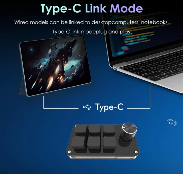 Alt view image 4 of 5 - LUKCOZMO Macro Pad Programmable Customized 6-Key Mini Mechanical Gaming Keyboard One Handed Keyboard BT OSU Multifunctional Knob with Type C Cable (Updated Software in USB Drive Black)