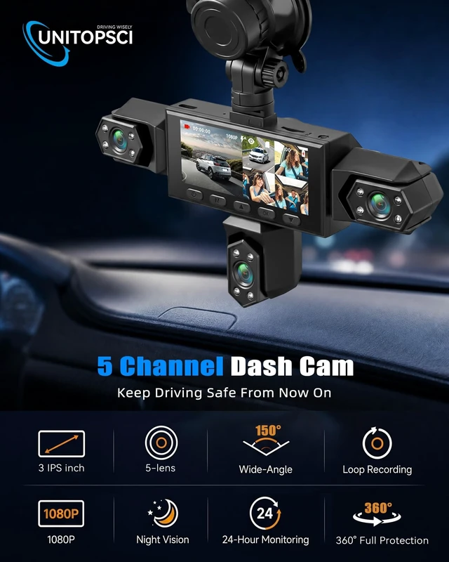 Alt view image 2 of 5 - 360 5 Channel 1080P Dash Cam Front and Rear Inside Left Right, 3 inch Dash Cam for Cars, Built-in Loop Recording, 24/7 Recording Parking,Night Vision,150 Wide-Angle,Reversing Help (No WiFi)