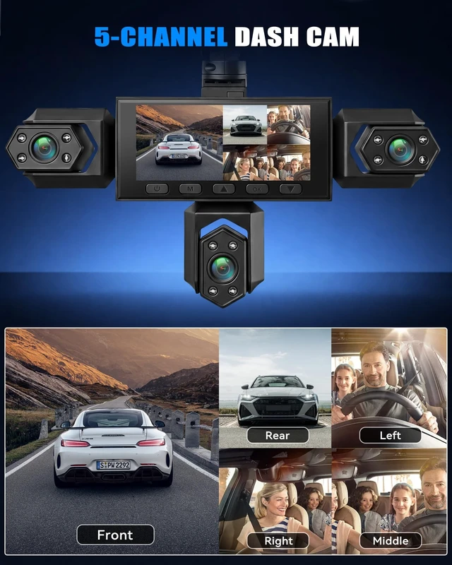 Alt view image 3 of 5 - 360 5 Channel 1080P Dash Cam Front and Rear Inside Left Right, 3 inch Dash Cam for Cars, Built-in Loop Recording, 24/7 Recording Parking,Night Vision,150 Wide-Angle,Reversing Help (No WiFi)