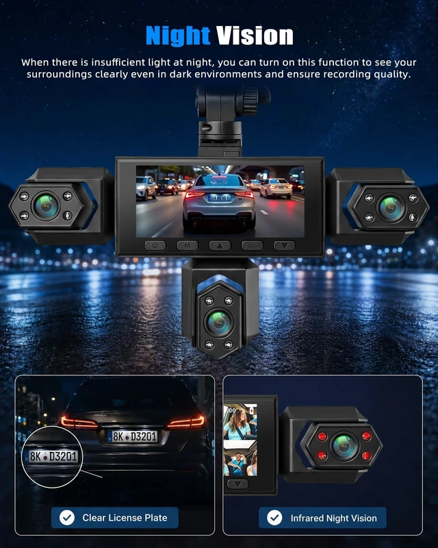 Alt view image 4 of 5 - 360 5 Channel 1080P Dash Cam Front and Rear Inside Left Right, 3 inch Dash Cam for Cars, Built-in Loop Recording, 24/7 Recording Parking,Night Vision,150 Wide-Angle,Reversing Help (No WiFi)