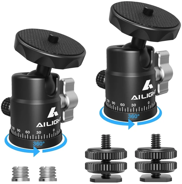 Main image of Ailight Mini Ball Head, 360 Panoramic Tripod Head, Universal 1/4" to 3/8" Screw Adapter Swivel Mini Ball Head Screw Tripod Mount, Dual Cold Shoe Mount for DSLR Cameras Camcorder2 Pack