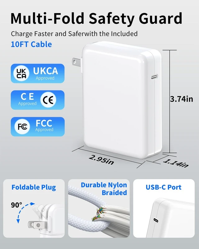 Alt view image 3 of 5 - Mac Book Pro Charger, 140W USB C Power Adapter, 10FT USB C to USB-C Cable