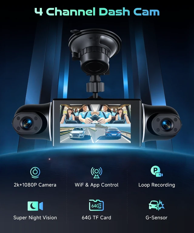 Alt view image 2 of 5 - 360 View 4 Channel Dash Cam with 2K Front and Rear Inside Left Right, 3-Inch Touch Screen Dash Camera for Cars, G-Sensor Loop Recording WiFi Night Vision Recording Parking Mode Monitor+64G TF Card