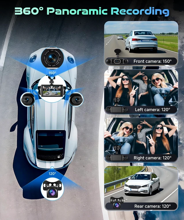 Alt view image 3 of 5 - 360 View 4 Channel Dash Cam with 2K Front and Rear Inside Left Right, 3-Inch Touch Screen Dash Camera for Cars, G-Sensor Loop Recording WiFi Night Vision Recording Parking Mode Monitor+64G TF Card