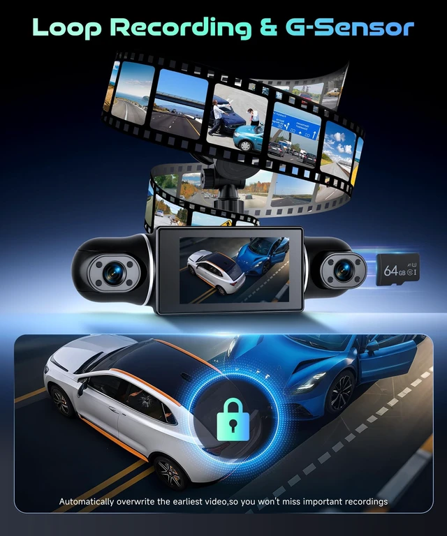 Alt view image 5 of 5 - 360 View 4 Channel Dash Cam with 2K Front and Rear Inside Left Right, 3-Inch Touch Screen Dash Camera for Cars, G-Sensor Loop Recording WiFi Night Vision Recording Parking Mode Monitor+64G TF Card