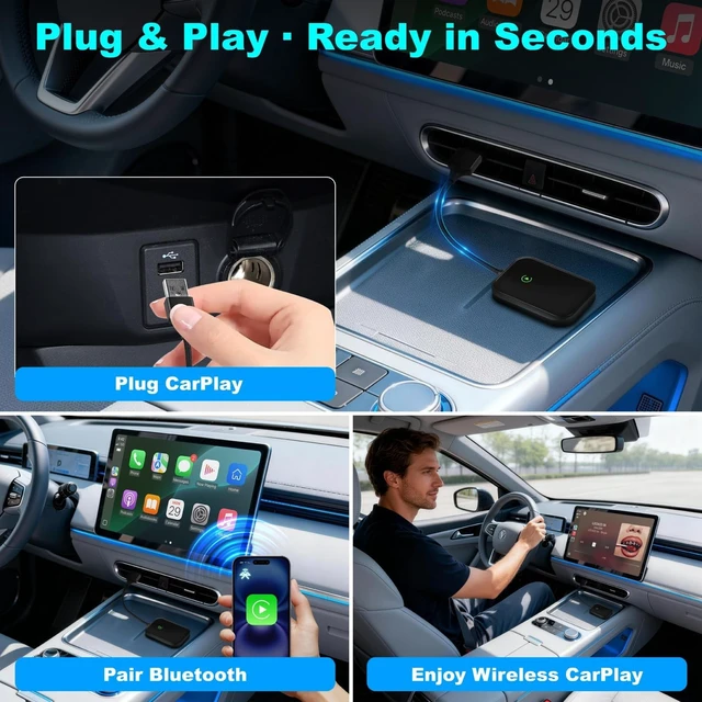 Alt view image 3 of 5 - Zoltriq Wireless CarPlay Adapter for iPhone, Wireless Adapter USB-C, Bluetooth Connection, Auto-Switch Between Multiple iPhones, Fast & Stable, iOS 10+ (Space Black)
