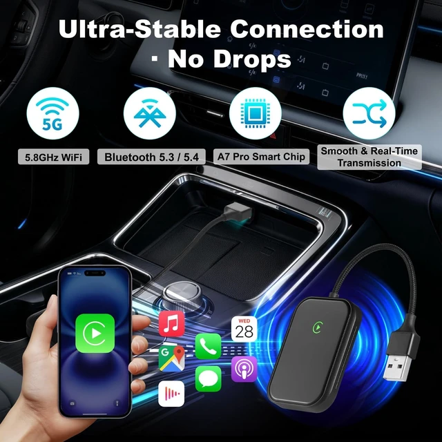 Alt view image 4 of 5 - Zoltriq Wireless CarPlay Adapter for iPhone, Wireless Adapter USB-C, Bluetooth Connection, Auto-Switch Between Multiple iPhones, Fast & Stable, iOS 10+ (Space Black)