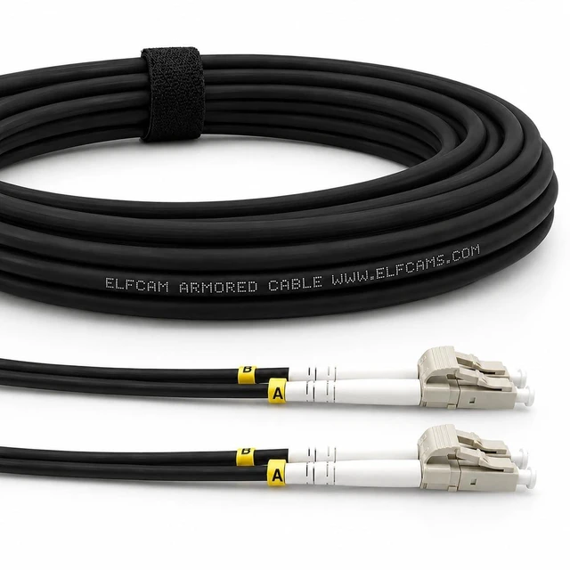Main image of Elfcam - 100m/328ft Outdoor and Indoor Shielded Armored Fiber Optic Cable LC/UPC to LC/UPC OM3 Multimode Duplex 50/125m LSZH, Black (100M)