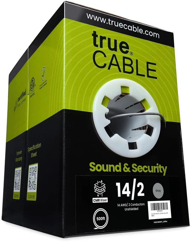 Main image of TRUE CABLE 14/2 AWG Sound & Security Speaker Wire, Unshielded Stranded Pure Copper Bulk Cable, CMR/CL3R Riser in-Wall, UL13 300V, Gray, 500ft
