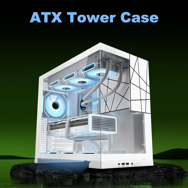 Alt view image 2 of 5 - ATX Gaming PC Case, Mid Tower Computer case with Dual Chamber for Cable Management, 270 Panoramic Unique Desktop Chassis, Rear ARGB Fan pre-Installed, for BTF ATX/MATX Mobo, 360 AIO (White, 120mmx1)