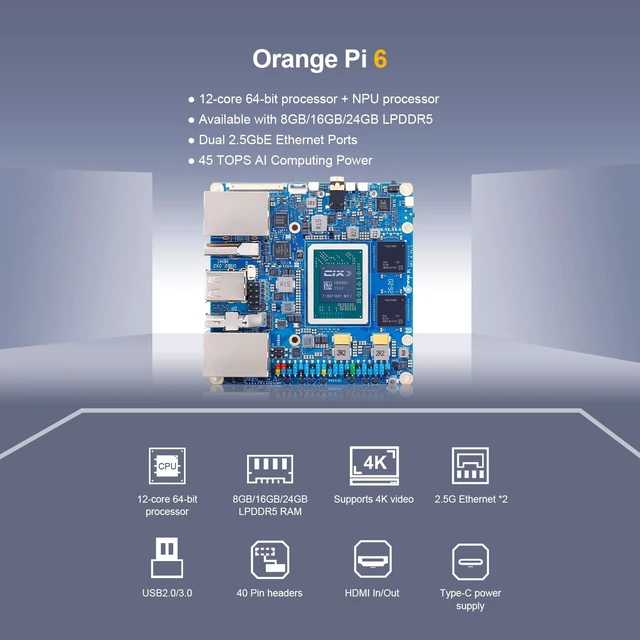 Alt view image 2 of 5 - Orange Pi 6 8GB/16GB LPDDR5 CIX CD8180 12-Core Single Board Computer with Active Cooling System, Support 45 Tops AI Computing Power, Mini PC Run Ubuntu/Debian/Android/Windows/ROS2 (8GB)