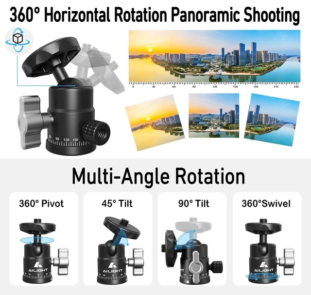 Alt view image 2 of 5 - Ailight Mini Ball Head, 360 Panoramic Tripod Head, Universal 1/4" to 3/8" Screw Adapter Swivel Mini Ball Head Screw Tripod Mount, Dual Cold Shoe Mount for DSLR Cameras Camcorder4 Pack