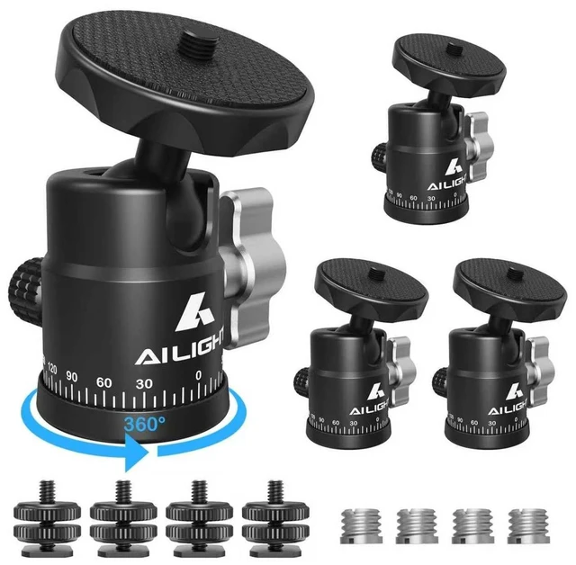 Main image of Ailight Mini Ball Head, 360 Panoramic Tripod Head, Universal 1/4" to 3/8" Screw Adapter Swivel Mini Ball Head Screw Tripod Mount, Dual Cold Shoe Mount for DSLR Cameras Camcorder4 Pack