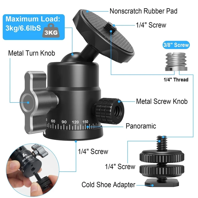 Alt view image 5 of 5 - Ailight Mini Ball Head, 360 Panoramic Tripod Head, Universal 1/4" to 3/8" Screw Adapter Swivel Mini Ball Head Screw Tripod Mount, Dual Cold Shoe Mount for DSLR Cameras Camcorder4 Pack
