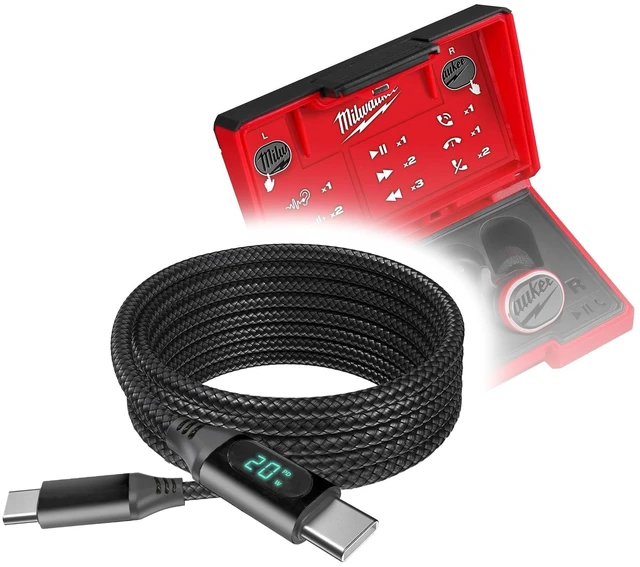 Main image of BoxWave Cable Compatible with Milwaukee REDLITHIUM USB Bluetooth Jobsite Ear Buds - PowerDisplay PD Cable (6ft) - USB-C to USB-C (100W), LED Wattage Info Extra Long Braided Nylon - Jet Black
