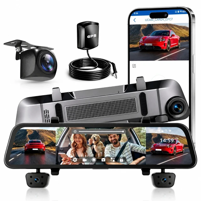 Main image of Driauto 4 Channel Touch Screen Mirror Dash Cam for Cars GPS WiFi 12" 1080P