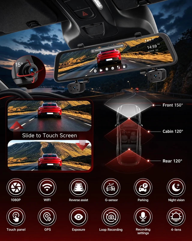Alt view image 2 of 5 - Driauto 4 Channel Touch Screen Mirror Dash Cam for Cars GPS WiFi 12" 1080P