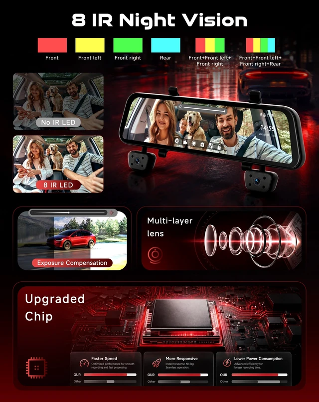 Alt view image 3 of 5 - Driauto 4 Channel Touch Screen Mirror Dash Cam for Cars GPS WiFi 12" 1080P