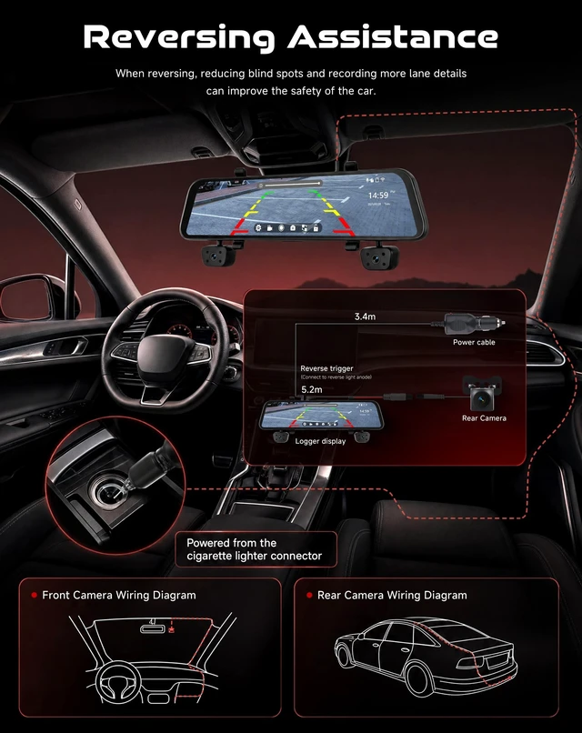 Alt view image 5 of 5 - Driauto 4 Channel Touch Screen Mirror Dash Cam for Cars GPS WiFi 12" 1080P