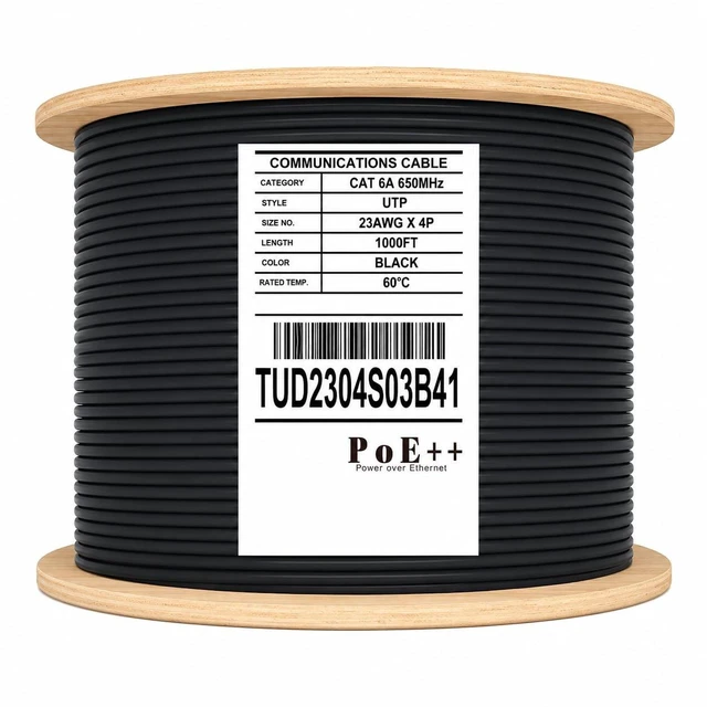 Main image of Cat6A Direct Burial Ethernet Cable, 1000ft, 23AWG Pure Copper, Unshielded (UTP), Outdoor, Waterproof, Gel Filled, 10Gbps, PoE++, Black