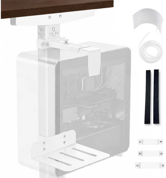 Main image of DEHAGLOBAL Clamp Mount Under Desk Pc Mount, Adjustable Height and Width No Drilling 50 lb Capacity with Non-Slip Pads & Cable Organizer for Standing Desk (White, 65mmx45mm)