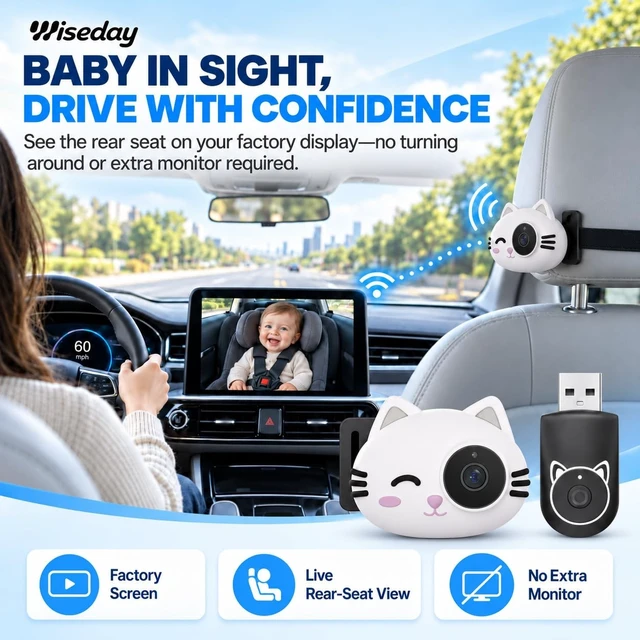 Alt view image 2 of 5 - Wiseday 2-in-1 Baby Car Camera&Wireless CarPlay Adapter,1080P Baby Monitor