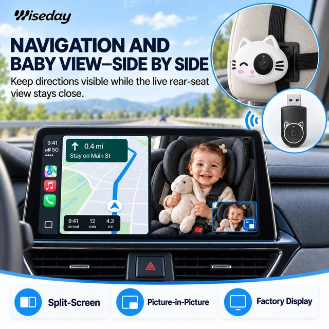 Alt view image 5 of 5 - Wiseday 2-in-1 Baby Car Camera&Wireless CarPlay Adapter,1080P Baby Monitor