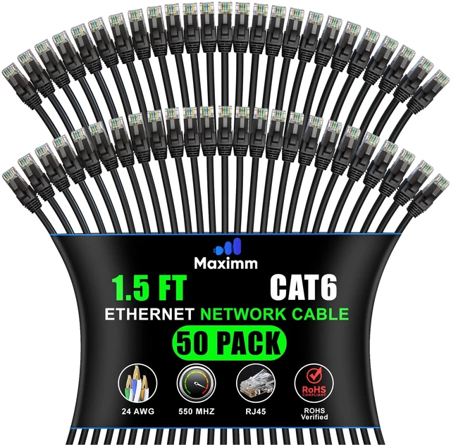 Main image of Maximm Cat6 Ethernet Cable 1.5 Ft, 10 Gbps 550 MHz, Black, 50 Pack