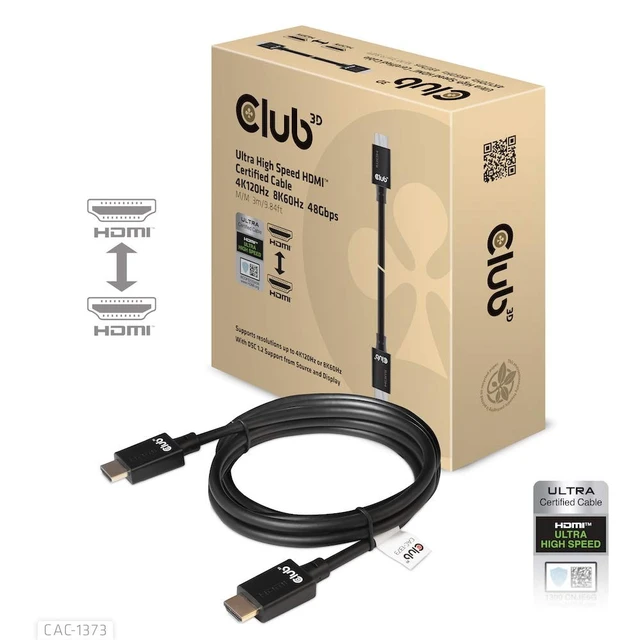 Alt view image 2 of 5 - Club3D CAC-1373 Ultra High Speed HDMI Certified Cable 4K 120Hz 8K 60Hz (with DSC 1.2, 3 Meter/9,84 Feet Black, Male-Male