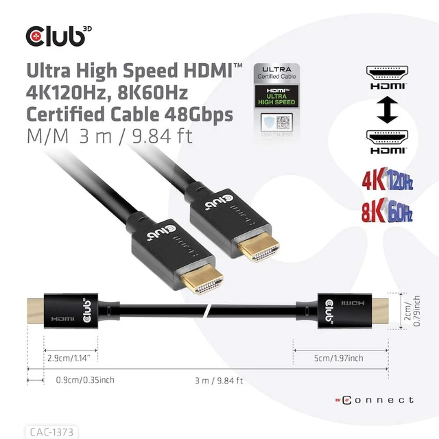 Alt view image 3 of 5 - Club3D CAC-1373 Ultra High Speed HDMI Certified Cable 4K 120Hz 8K 60Hz (with DSC 1.2, 3 Meter/9,84 Feet Black, Male-Male