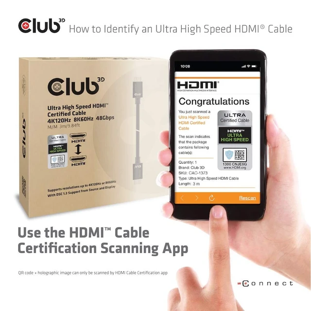 Alt view image 4 of 5 - Club3D CAC-1373 Ultra High Speed HDMI Certified Cable 4K 120Hz 8K 60Hz (with DSC 1.2, 3 Meter/9,84 Feet Black, Male-Male