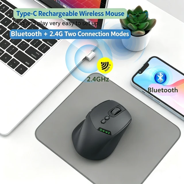 Alt view image 2 of 5 - Samudgate Wireless Silent Bluetooth Mouse for Laptop - Rechargeable Dual-Mode 2.4G + Bluetooth, 7 Buttons, Ergonomic Design (Gray)