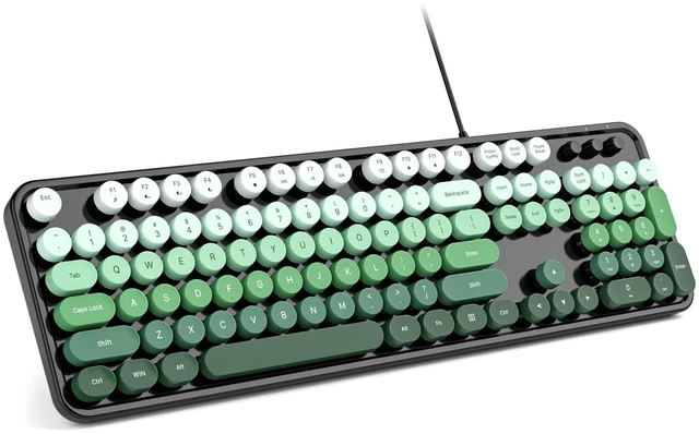 Main image of MOWUX Computer Keyboard Wired, Plug and Play USB Retro Round Typewriter Keyboard, Full Size Wired Keyboard with Foldable Stands for Laptop and Office PC- Black Green Gradient