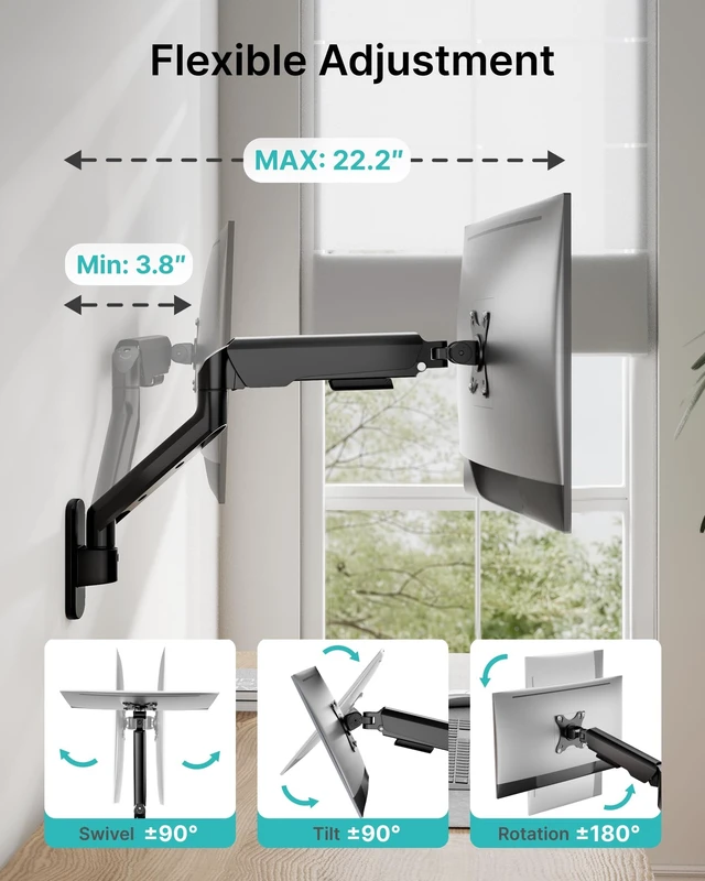 Alt view image 3 of 5 - PEGZONE Single Monitor Wall Arm 17"-40" Ultrawide 26.4Lbs VESA Black
