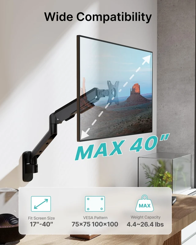 Alt view image 2 of 5 - PEGZONE Single Monitor Wall Arm 17"-40" Ultrawide 26.4Lbs VESA Black