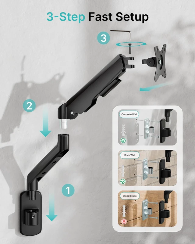 Alt view image 5 of 5 - PEGZONE Single Monitor Wall Arm 17"-40" Ultrawide 26.4Lbs VESA Black