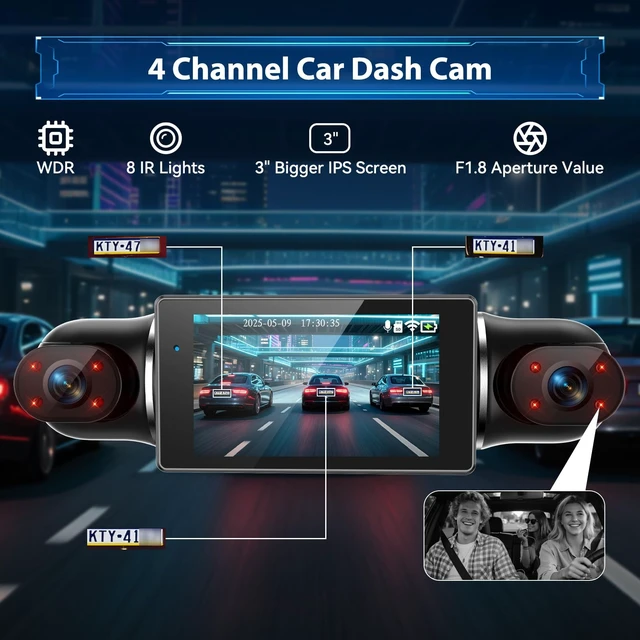 Alt view image 4 of 5 - Dash Cam 4 Channel 360 Coverage - Front 4K + Triple 1080P HD Car Camera Built-in WiFi Car Camera with App, G-Sensor/Night Vision/Parking Mode/Loop Recording Free 64GB SD Card