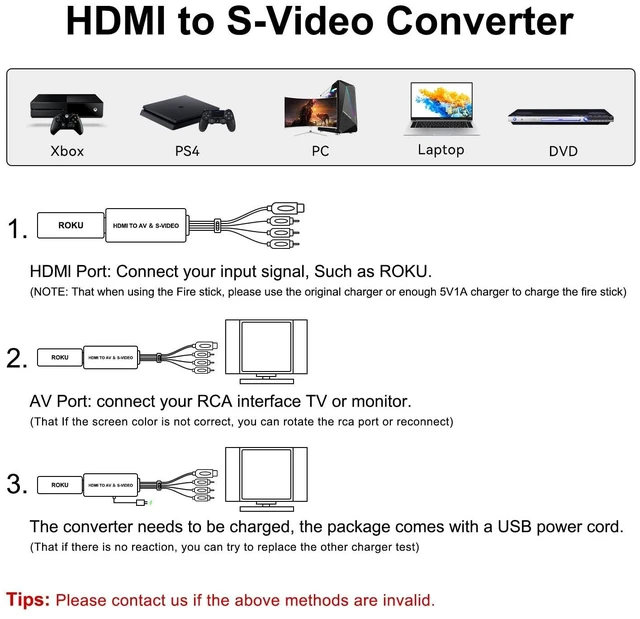 Alt view image 5 of 5 - HDMI to SVideo Converter HDMI to RCA Adapter R/L Audio Video Converter Adapter Support 1080P Compatible PS3/PS4, Xbox, Fire Stick, Roku, Blu-Ray Player, VHS, VCR, DVD, STB, Camera etc.