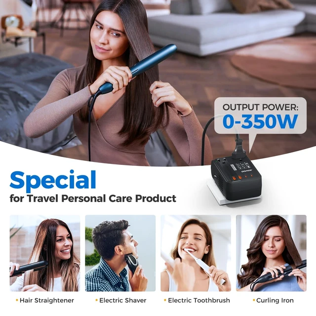 Alt view image 5 of 5 - Upgraded 350W Voltage Converter US to Europe for Hair Straightener Shaver Toothbrush CPAP Camera Cell Phone - 220V to 110V Converter for European Travel, Power Converter Adapter Combo with PD Chargers