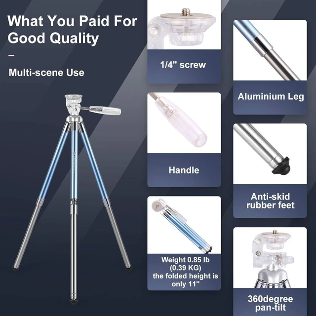 Alt view image 2 of 5 - Fotopro 40 Inch Lightweight Phone Tripod Stand for Camera and Phones, with Portable Phone Mount, Camera Tripod Stand for Vlogging Video Blue