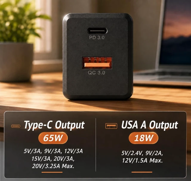 Alt view image 3 of 5 - HJTPOWER USB C Wall Charger, 65W Dual Port QC 3.0+PD 3.0 GaN Fast Charging Adapter, Foldable Plug Travel Charging Block for iPhone 14/15/16/17 Pro/Pro Max/Plus,Mac Book,iPad, Galaxy S25 and More