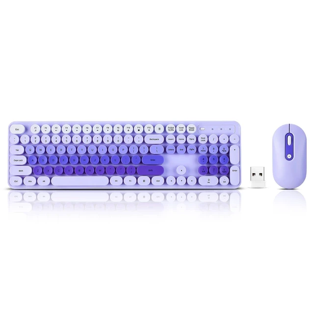 Alt view image 2 of 5 - Wireless Keyboard and Mouse Combo, Full Size Compact Quiet Wireless Keyboard and Mouse Set 2.4G Ultra-Thin Sleek Design for Windows, Desktop, PC, Notebook, Laptop,Round Keys Purple Mixed