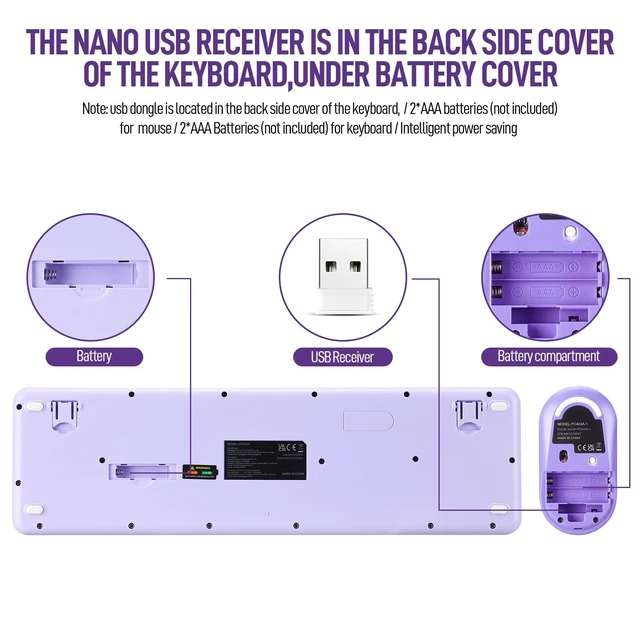 Alt view image 3 of 5 - Wireless Keyboard and Mouse Combo, Full Size Compact Quiet Wireless Keyboard and Mouse Set 2.4G Ultra-Thin Sleek Design for Windows, Desktop, PC, Notebook, Laptop,Round Keys Purple Mixed