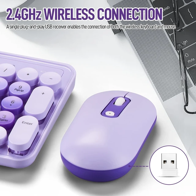 Alt view image 5 of 5 - Wireless Keyboard and Mouse Combo, Full Size Compact Quiet Wireless Keyboard and Mouse Set 2.4G Ultra-Thin Sleek Design for Windows, Desktop, PC, Notebook, Laptop,Round Keys Purple Mixed